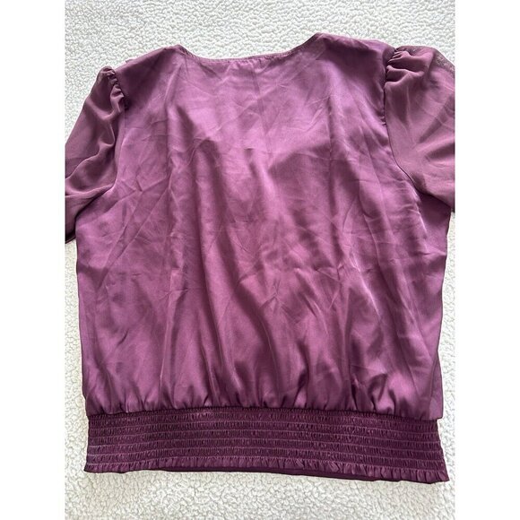 The General Good Purple V-Neck Faux Wrap Long Sheer Sleeve Smocked Top Sz M - Picture 7 of 10